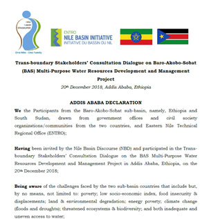 ADDIS ABABA DECLARATION; Trans-boundary Stakeholders’ Consultation Dialogue on Baro-Akobo-Sobat (BAS) Multi-Purpose Water Resources Development and Management