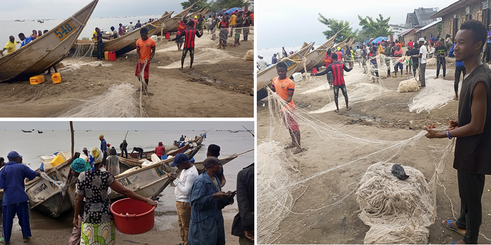 Fishermen at Kyavinyonge landing site prepare fish-nets before going to catch the now seemingly scarce fish. Because of the scarcity some have abstained from the activity rendering most boats useless at the moment
