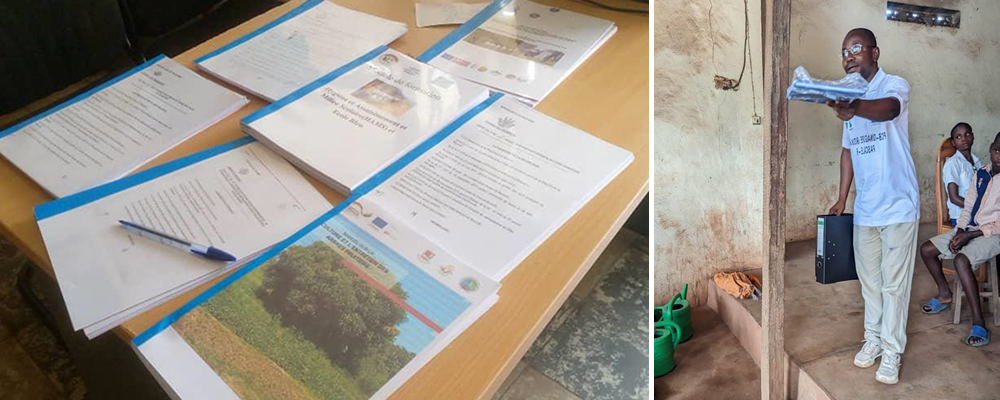 Guides distributed by BNDF to members of school environmental clubs (left), alongside the distribution of learning materials and dignity kits to girls during the outreach activity (right).